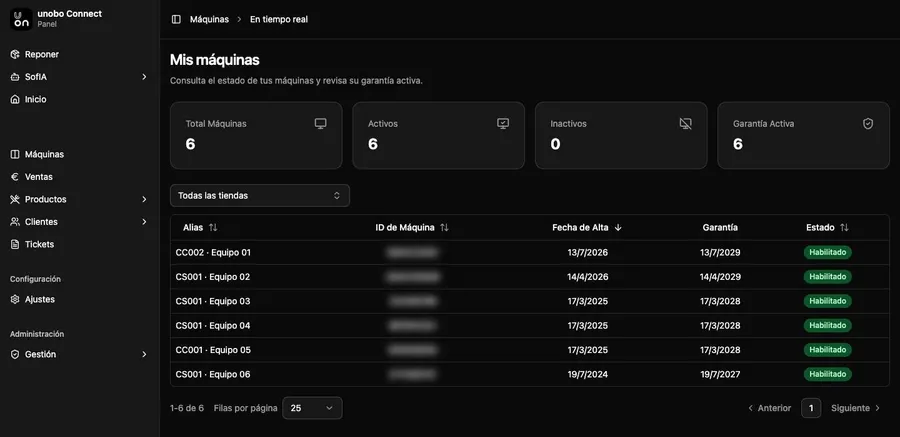 Real screenshot of the panel: list of machines with their status and warranty