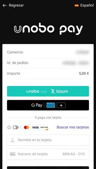 unobo pay payment screen on the buyer’s phone: Bizum, wallet and card