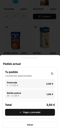 Current order sheet with two products and the Pay and proceed button